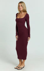 Lucy Midi Dress Ribbed Side Ruched Bodycon Dress in Wine