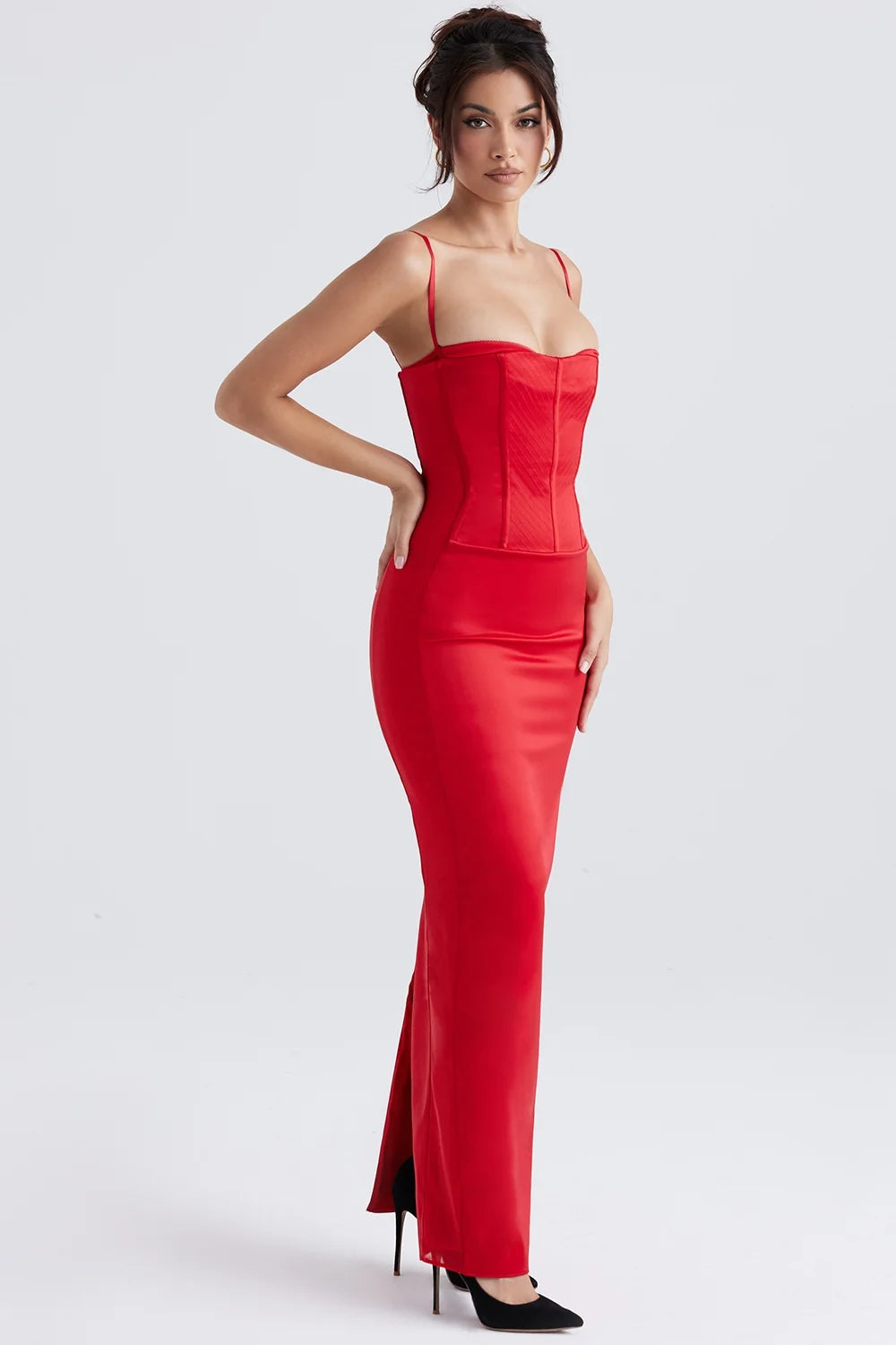 red satin corset maxi dress