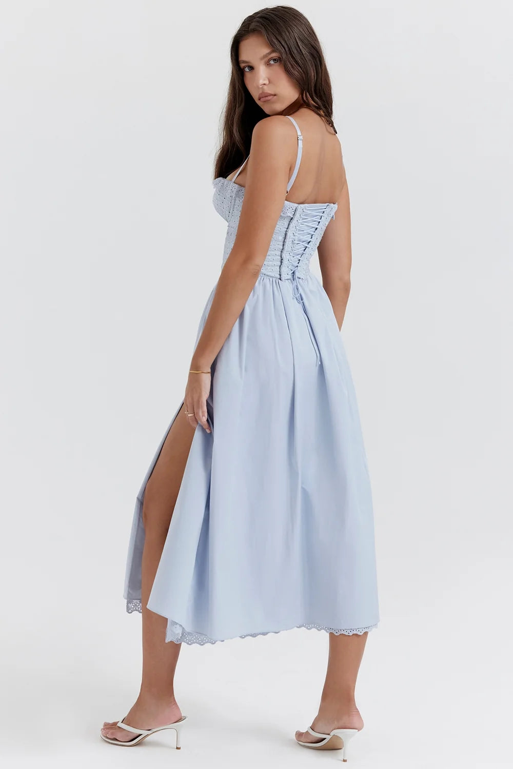 soft blue cotton broderie anglais midi sundress