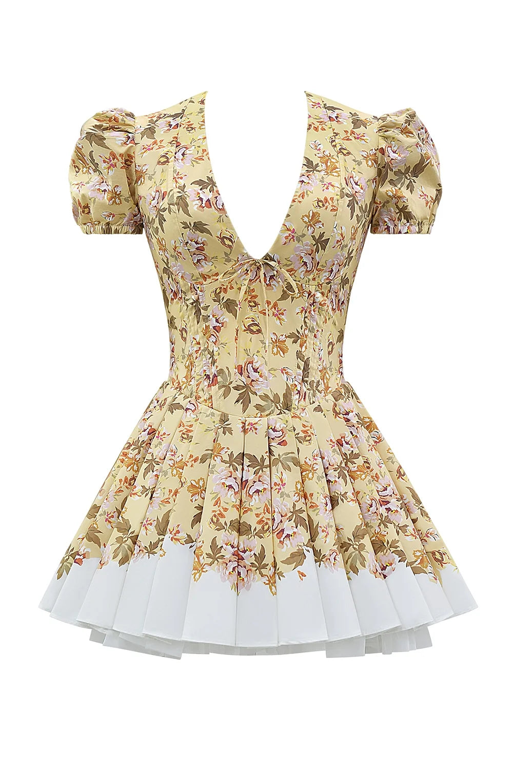 honeyflower print pleated cotton mini dress