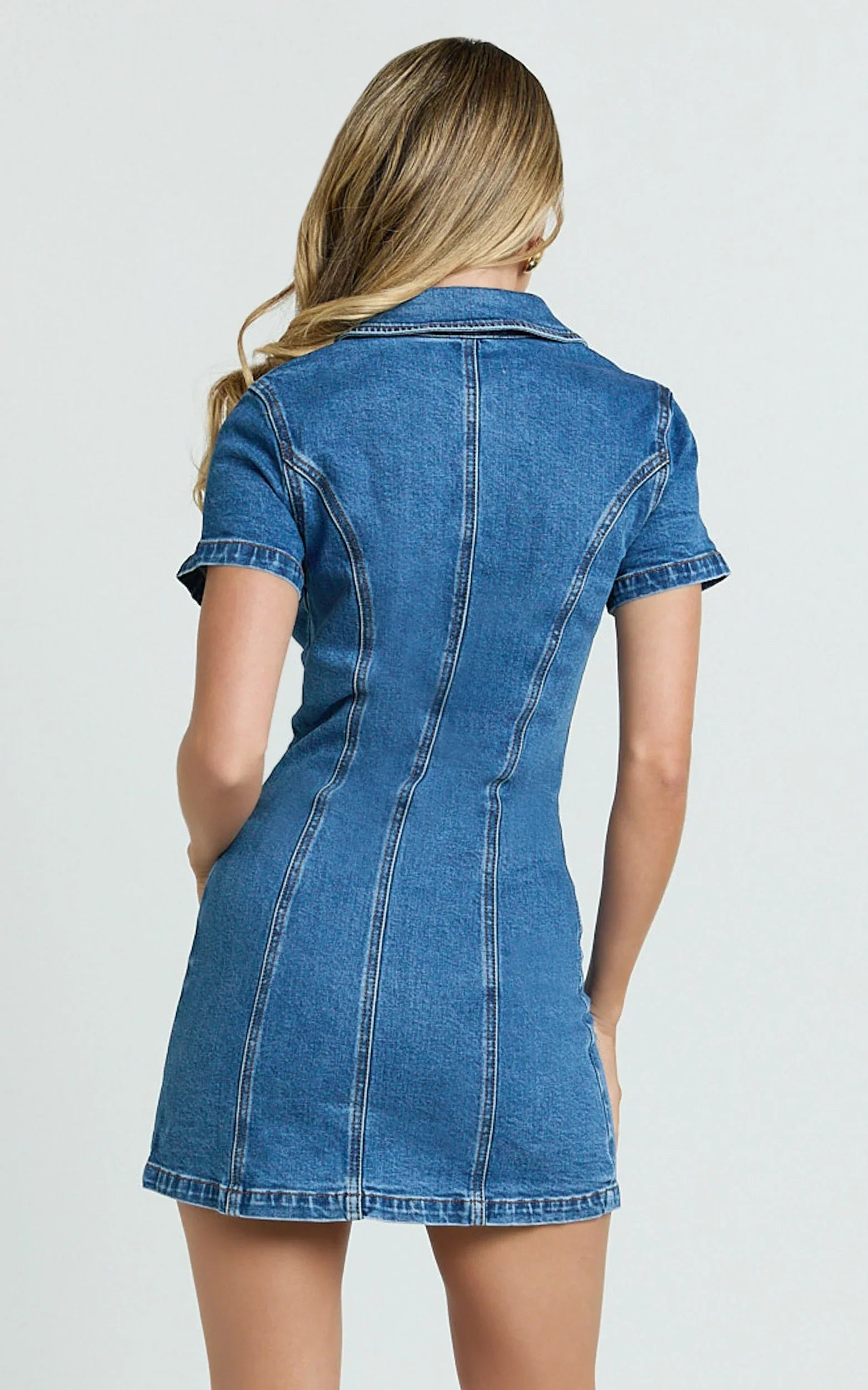 Laine Mini Dress Button Down Denim Shirt Dress in Mid Blue Wash