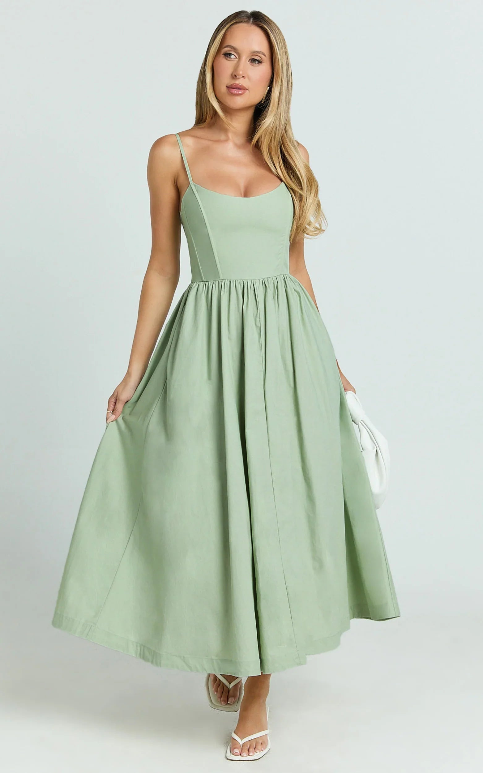 Braelyn Midi Dress Scoop Neck Flare Dress in Sage