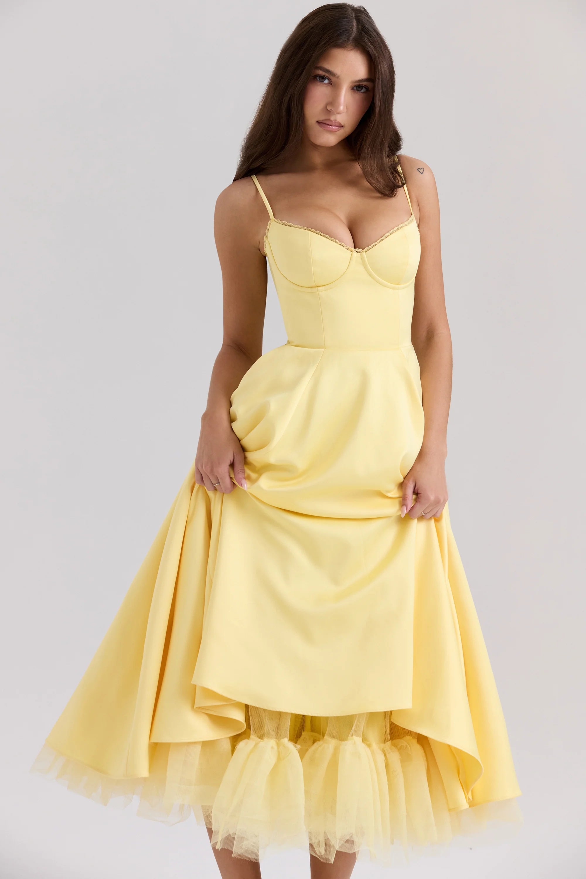 sunshine yellow satin tulle midi dress