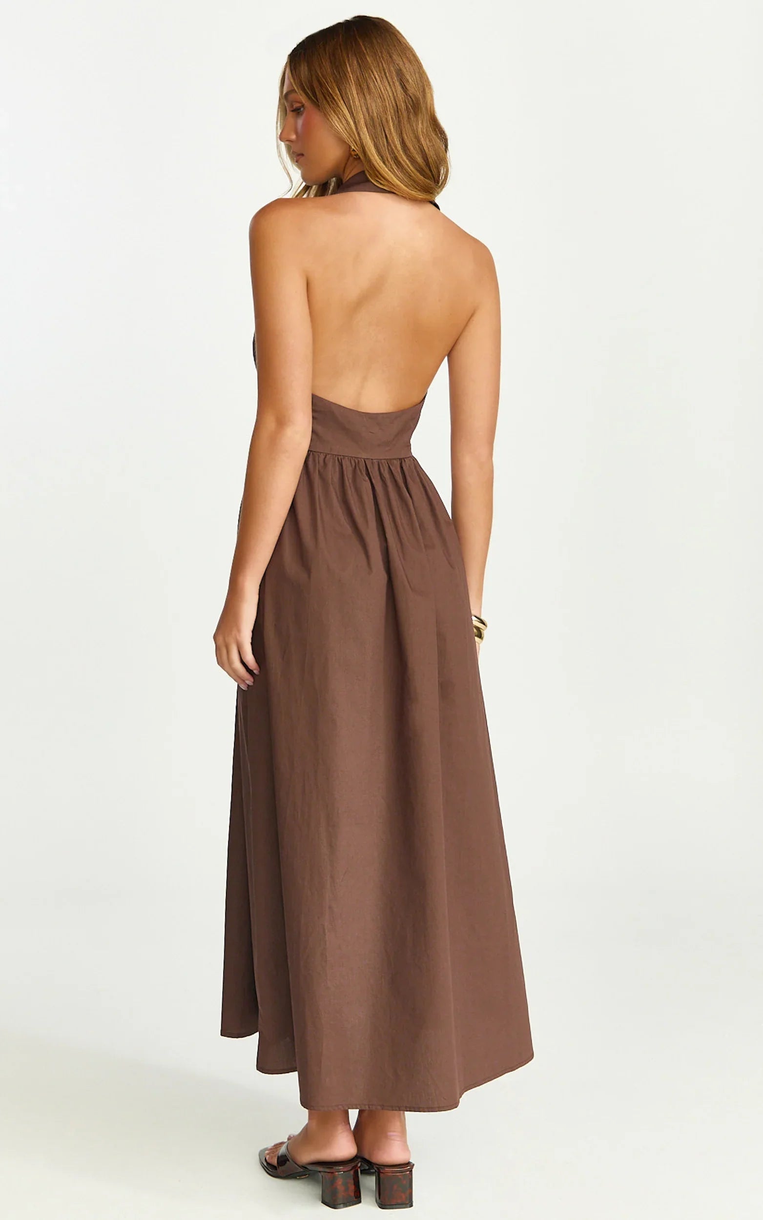 Ruby Midi Dress Collared Button Down Gathered Waist Skirt Fit And Flare Dress in Dark Chocolate