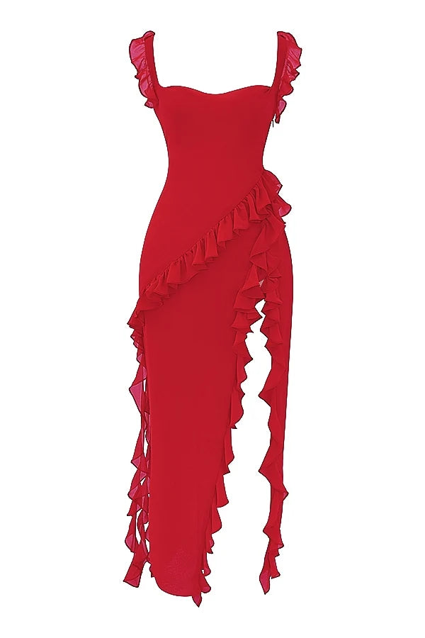 cherry ruffle maxi dress