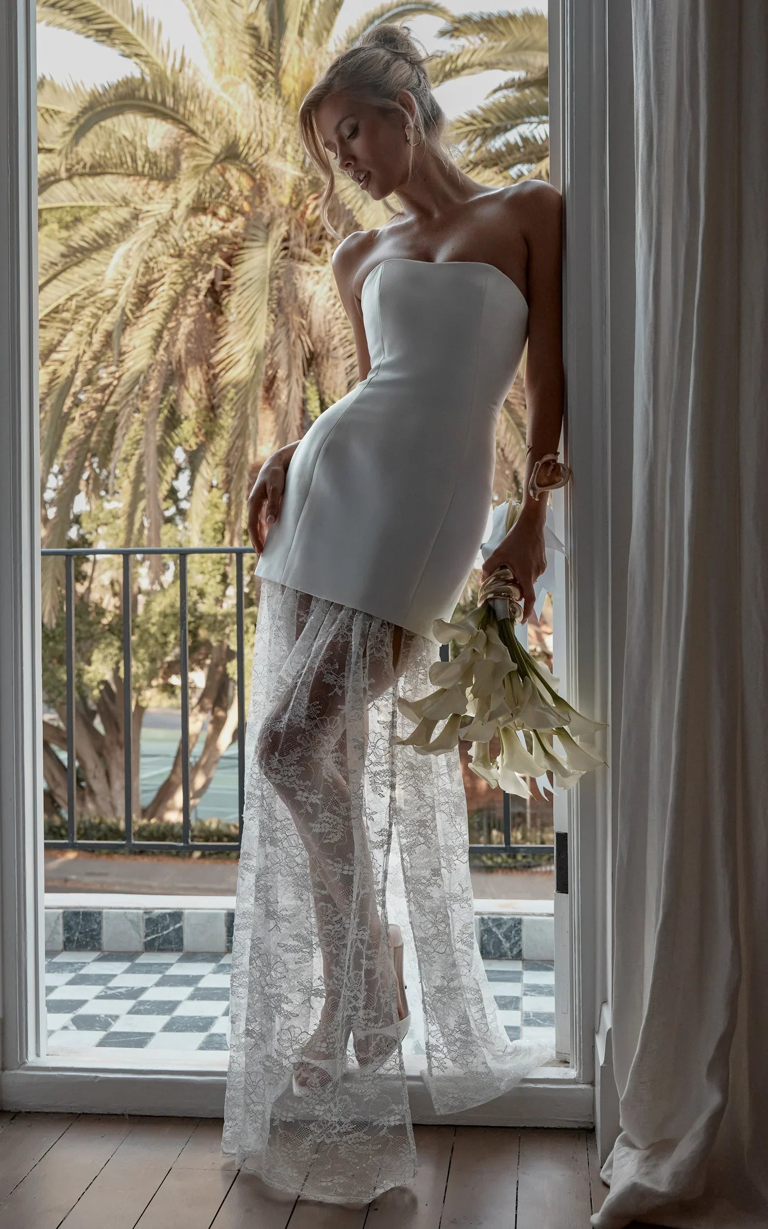 Alegra Maxi Dress Peplum Bodice Lace Skirt Dress in Ivory