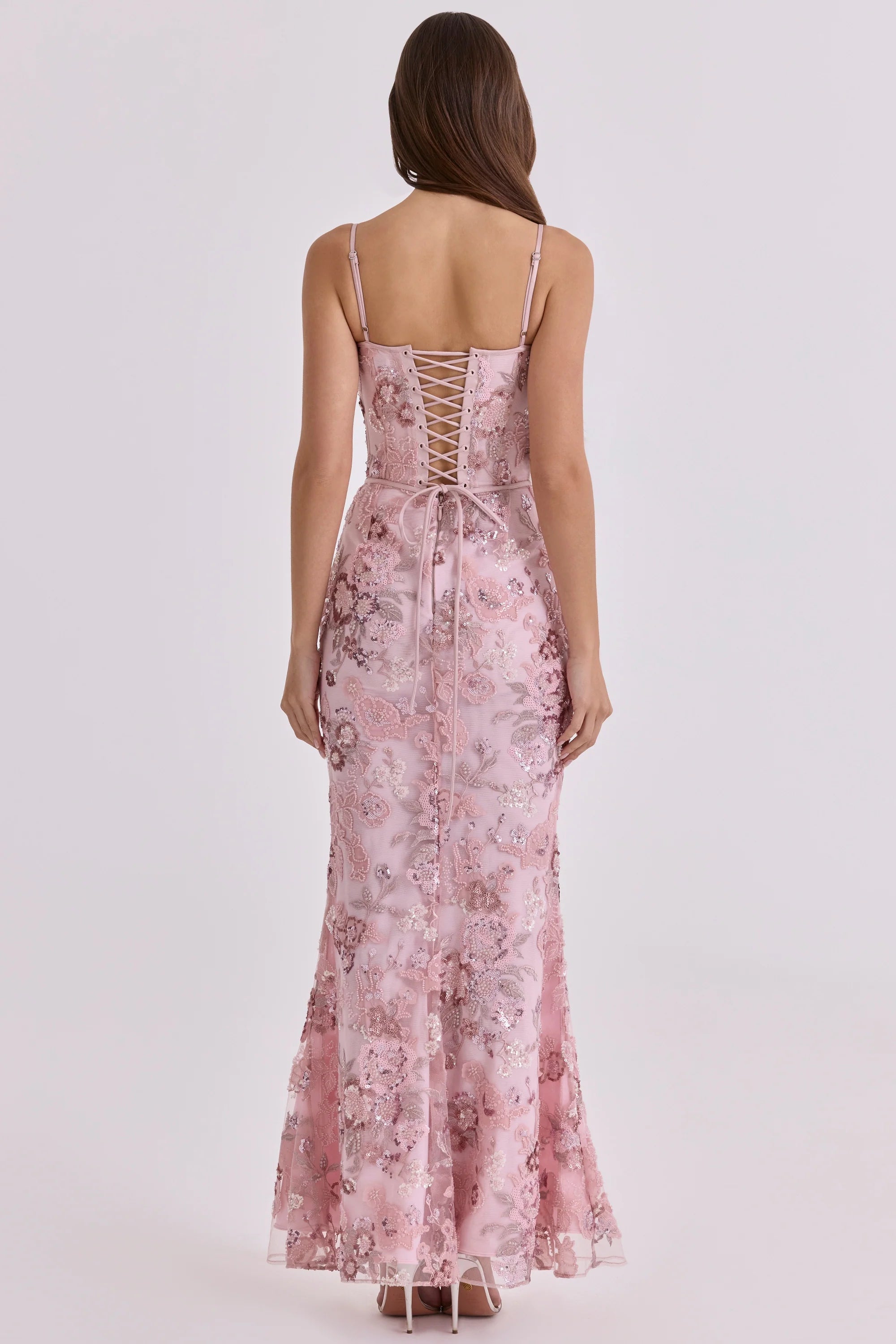 pink hand beaded embellished corset maxi dress limited edition