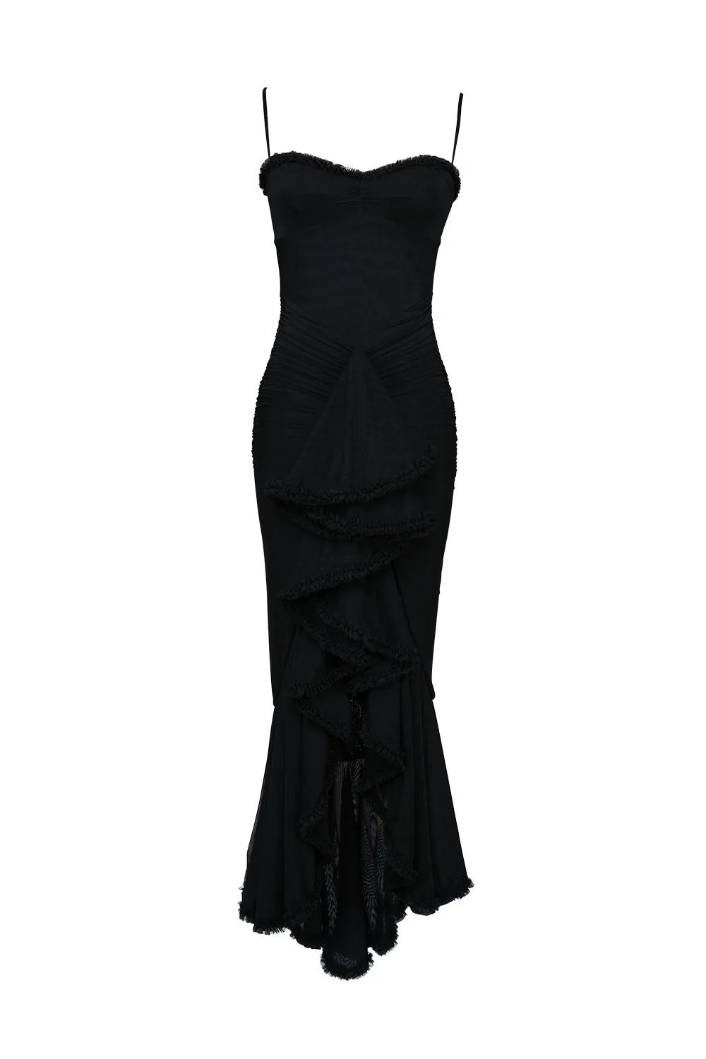 black mesh ruffled front gown