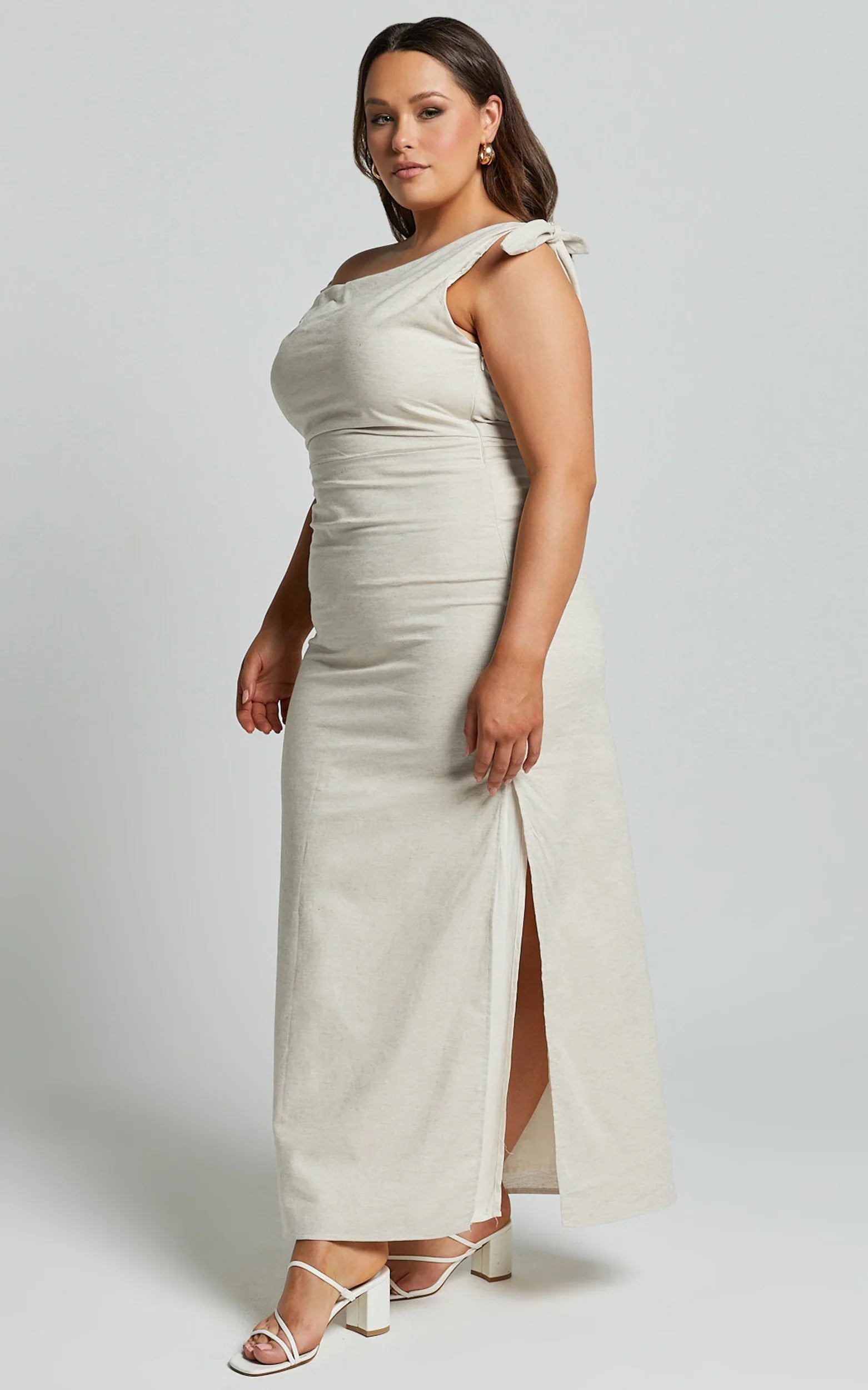 Cincinnati Midi Dress Off The Shoulder Side Split Column Linen Dress in Beige
