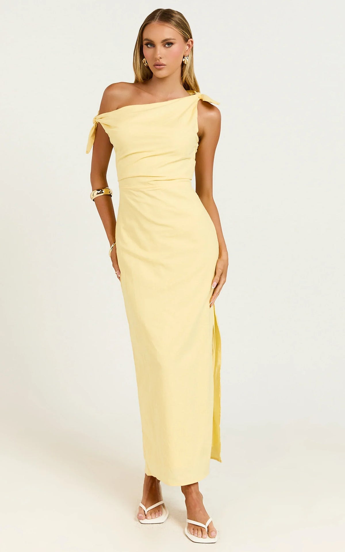 Cincinnati Midi Dress Off The Shoulder Side Split Column Linen Dress in Lemon