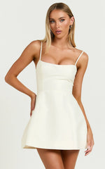 Carolina Mini Dress Scoop Neck Panel Bodice Dress in Off White