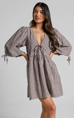 Rosita Mini Dress Tie Front Puff Sleeve Dress in Brown and White Check