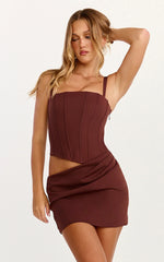 Jonas Mini Dress Corset Bodice Draped Waist Skirt Dress in Chocolate