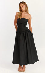 Louisa Maxi Dress Strapless Side Ruched Dropped Waist Fit And Flare Dress in Black