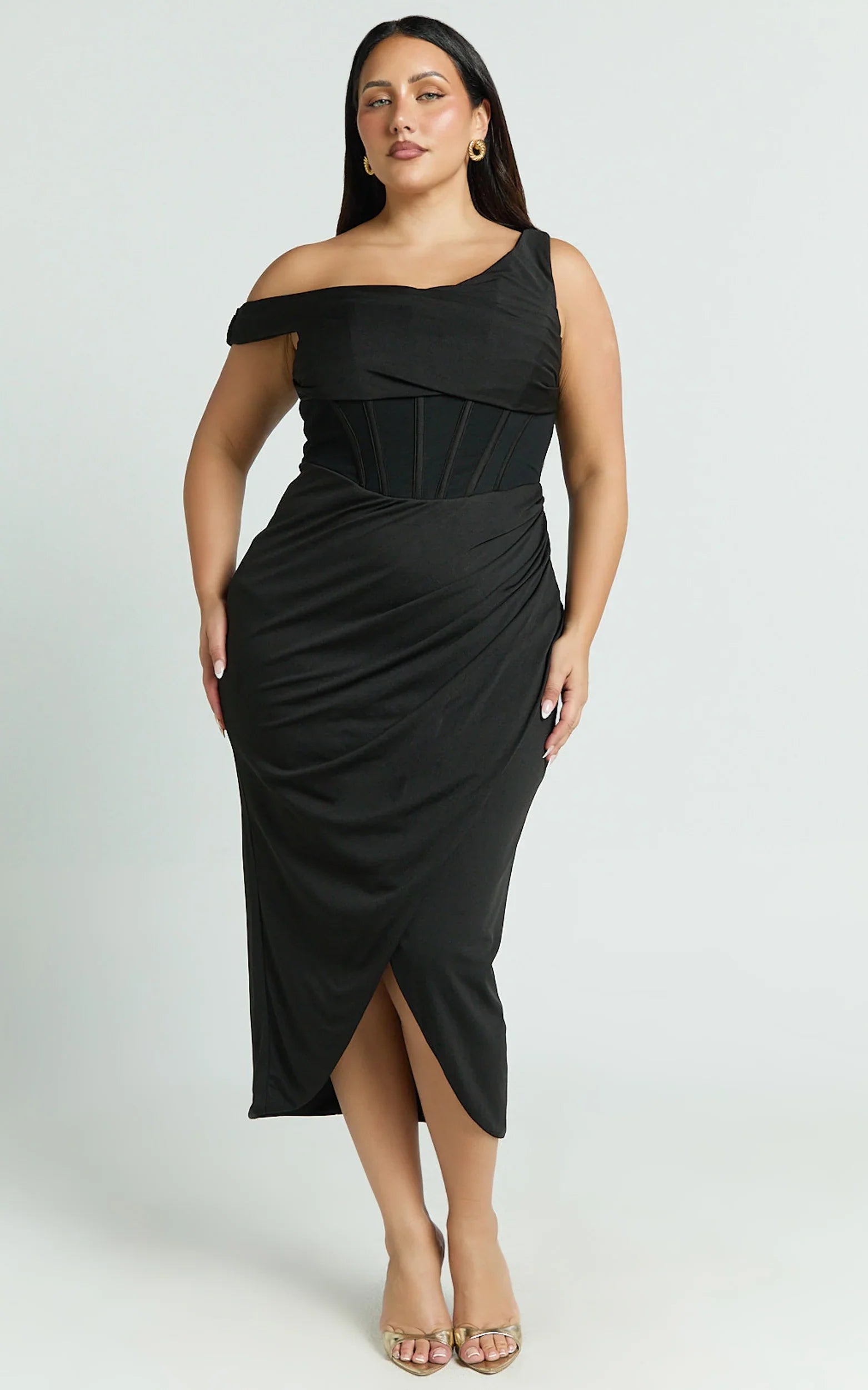 Aidia Midi Dress Off Shoulder Draped Corset Dress in Black