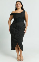Aidia Midi Dress Off Shoulder Draped Corset Dress in Black
