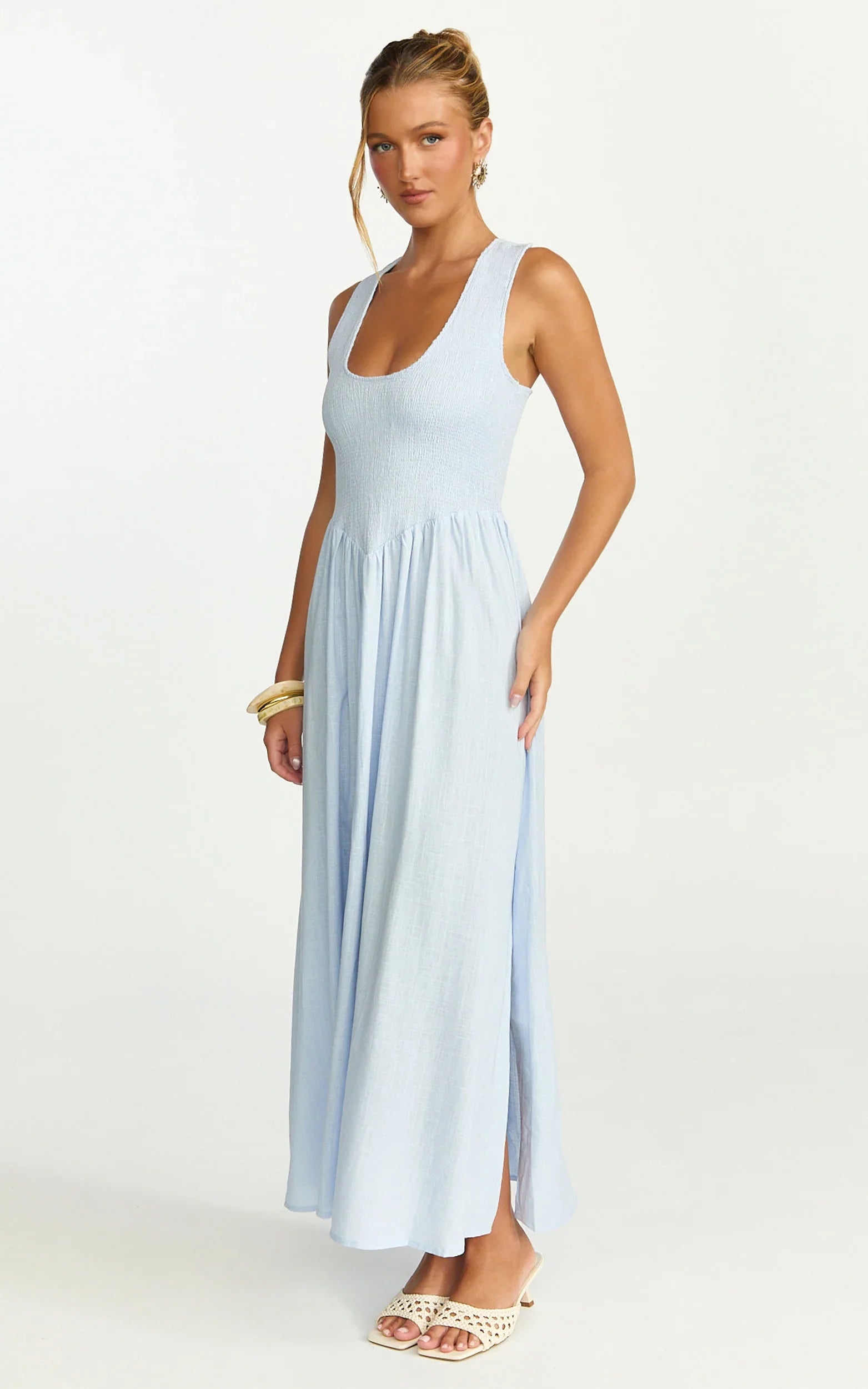 Luciana Maxi Dress U Neck Smock Dress in Blue