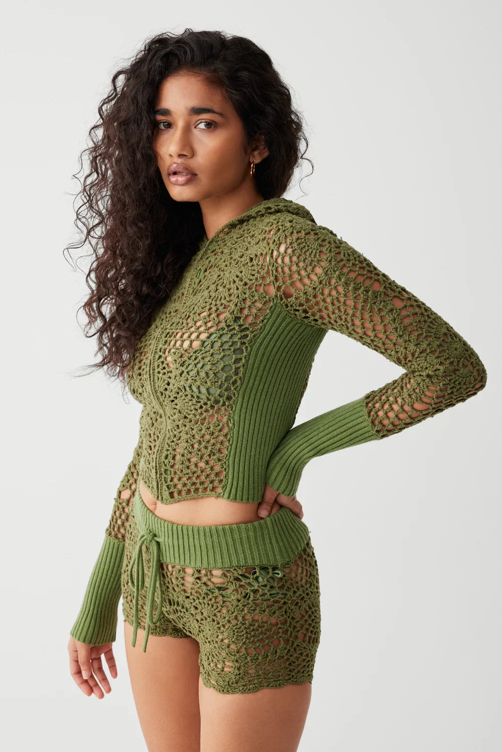 Lyla Crochet Zip Up Hoodie Sea Moss