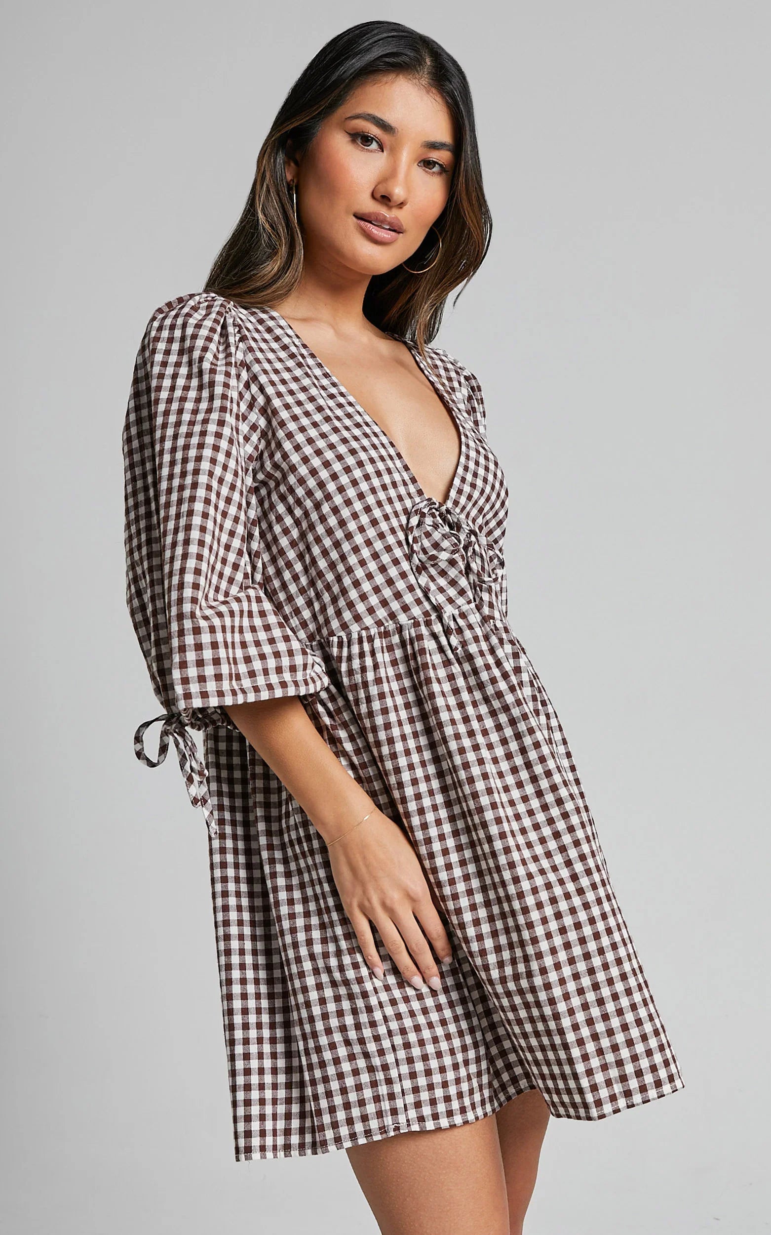 Rosita Mini Dress Tie Front Puff Sleeve Dress in Brown and White Check
