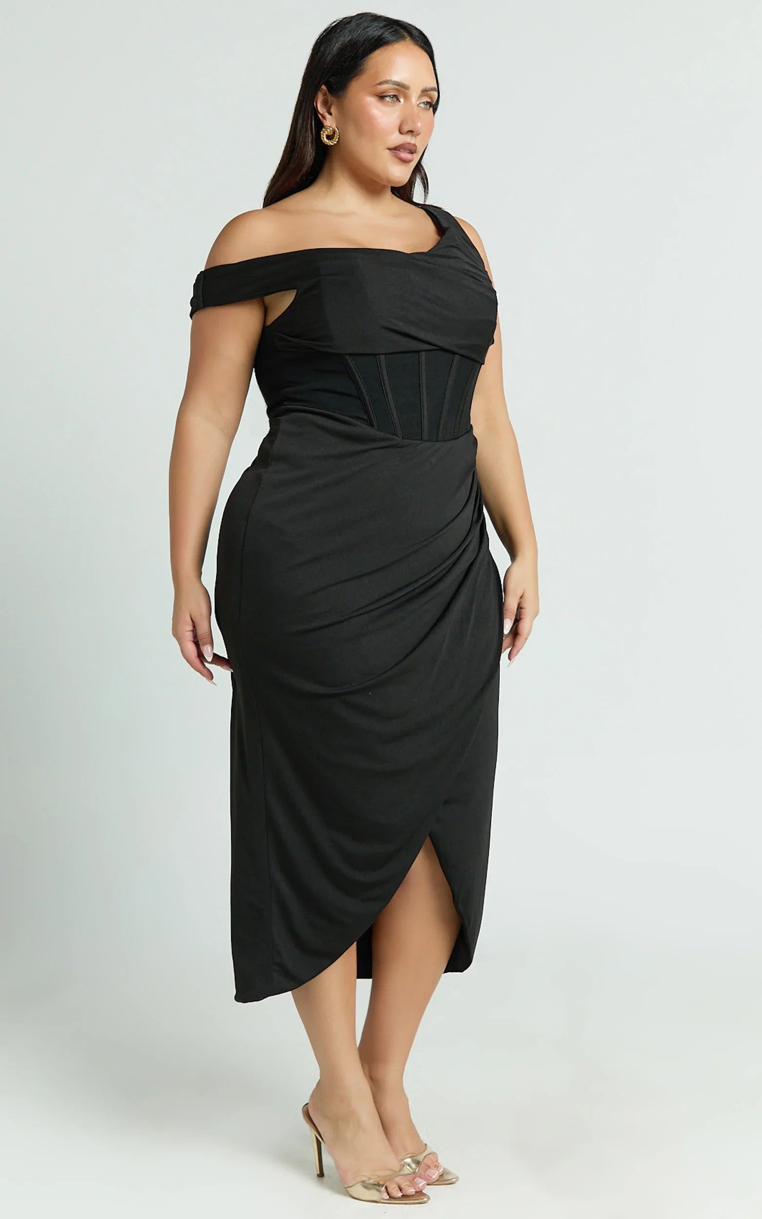 Aidia Midi Dress Off Shoulder Draped Corset Dress in Black