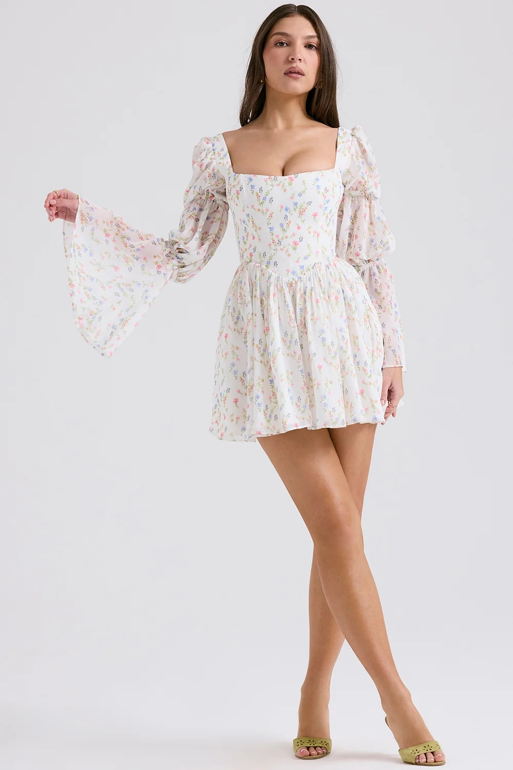 white posy print puff sleeve mini dress