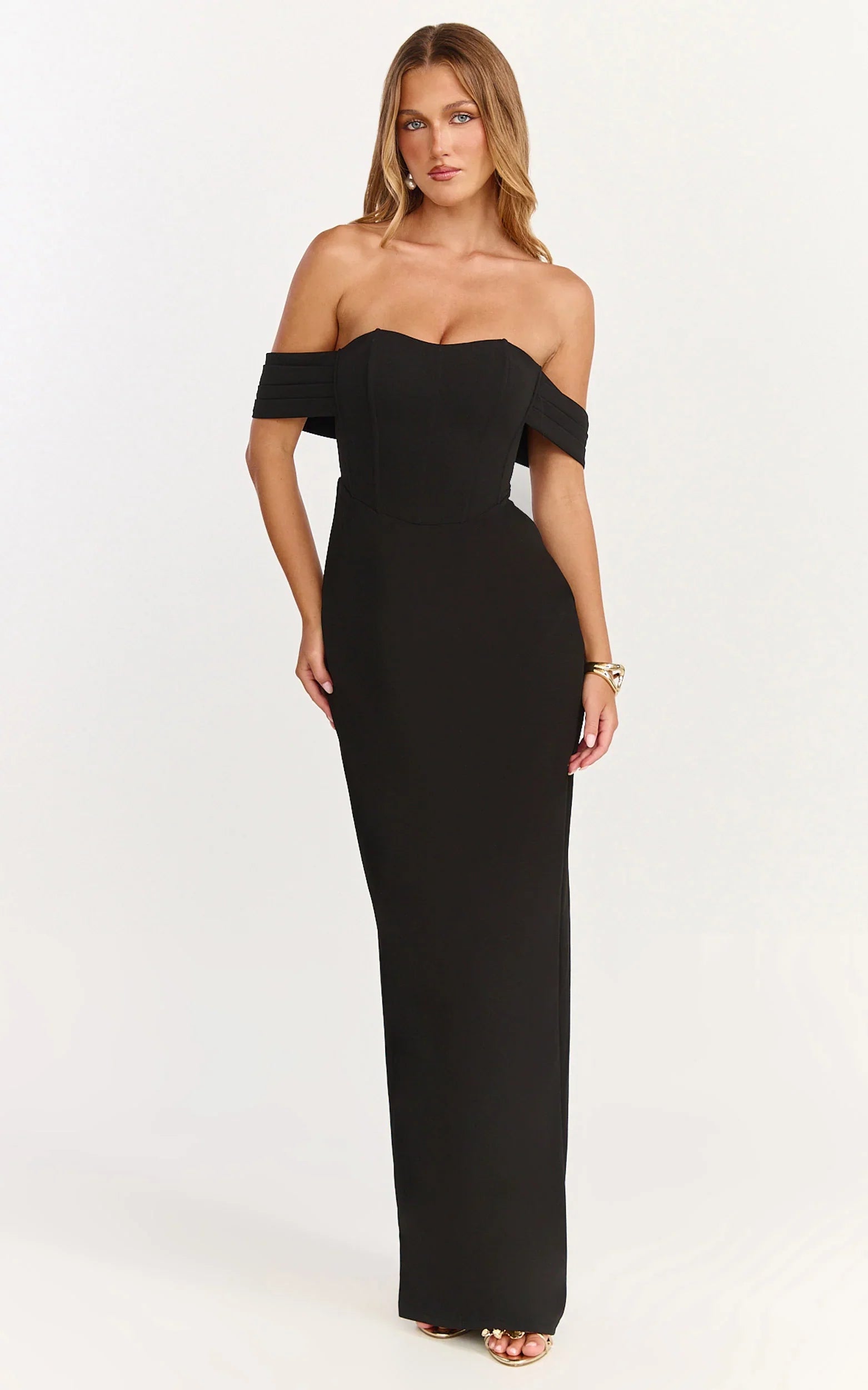 Karina Maxi Dress Off Shoulder Corset Bodice Lace Up Back Dress in Black