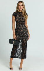 Emma Midi Dress Lace Cap Sleeve Bodycon Dress in Black