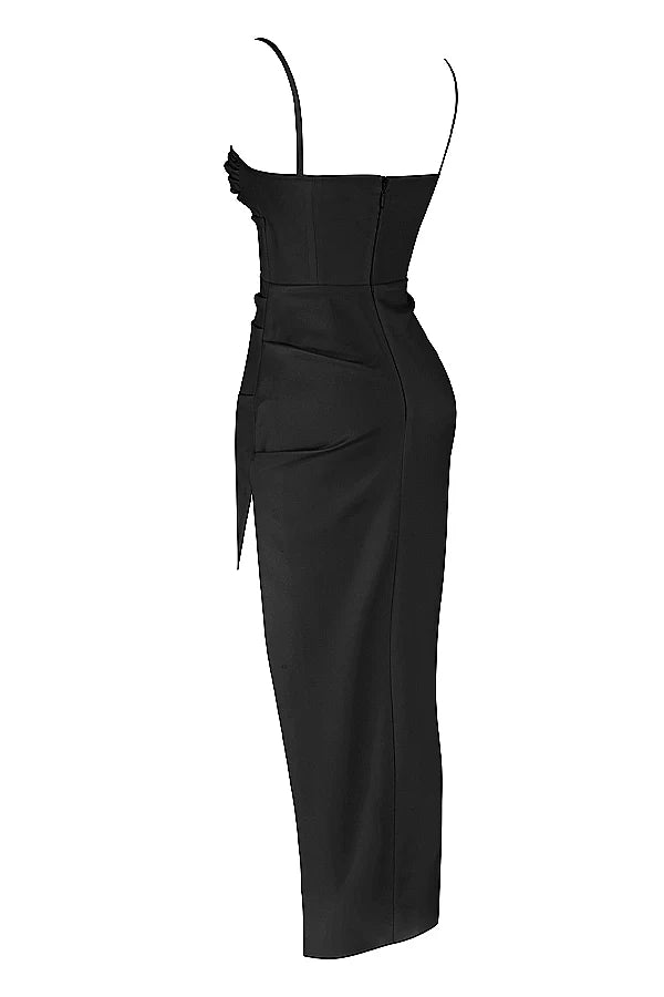 black satin pleated corset midi dress
