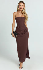 Avery Midi Dress Strapless Draped Side Split Dress in Chocolate
