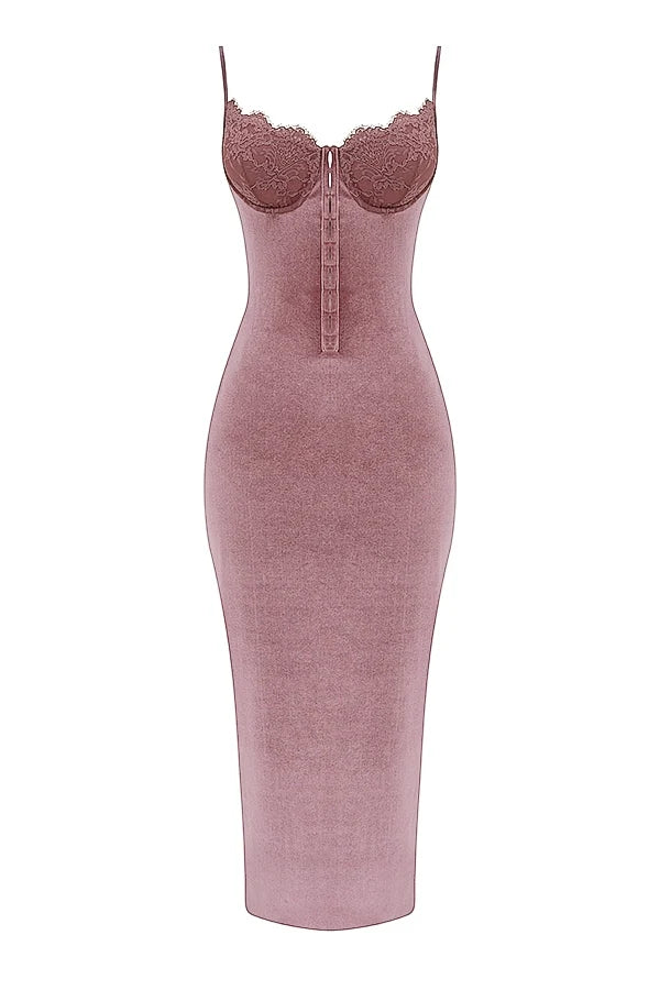 soft pink velvet midi dress