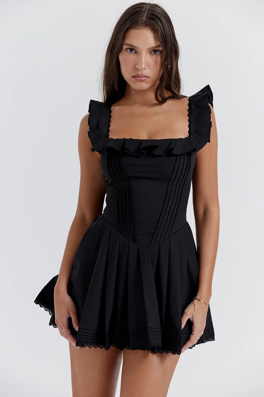 black pin tuck pleated dress