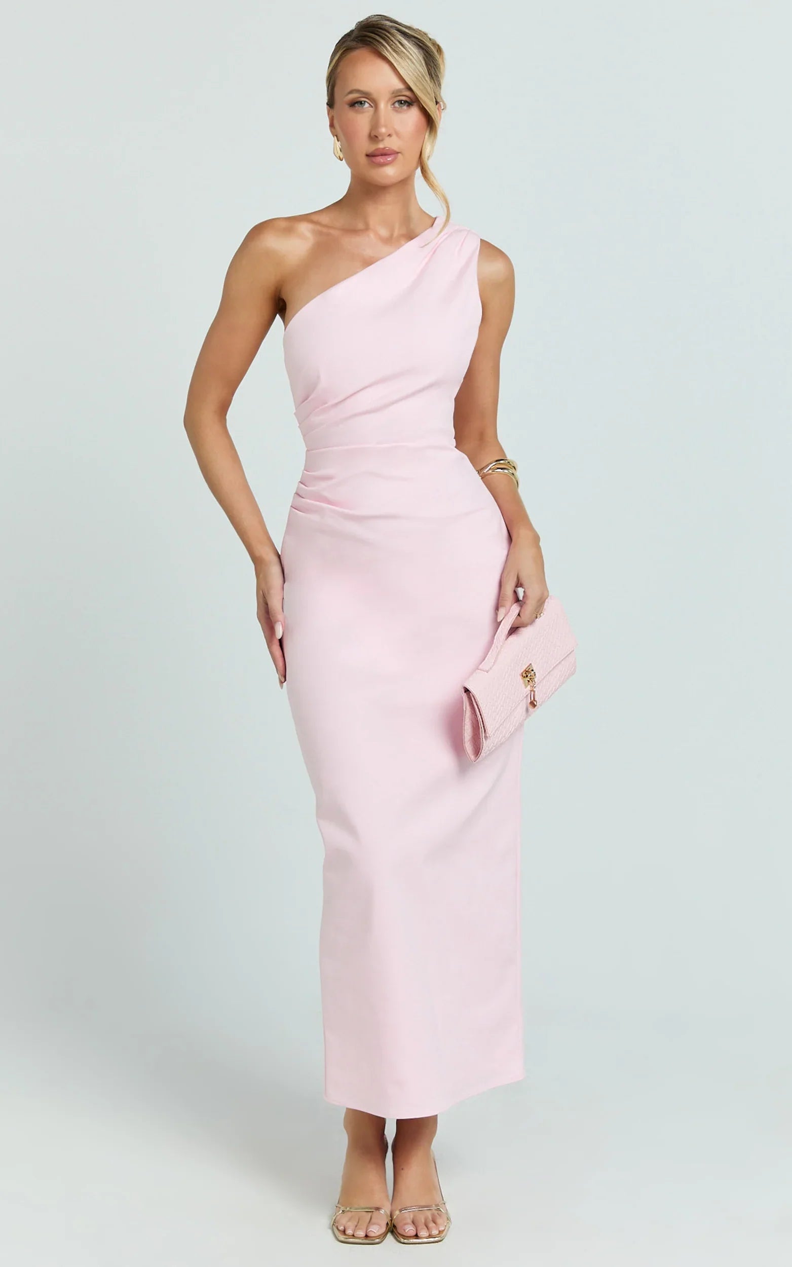 Karlie Midi Dress One Shoulder Fitted Dress in Pink