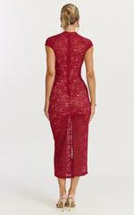 Emma Midi Dress Lace Cap Sleeve Bodycon Dress in Wine