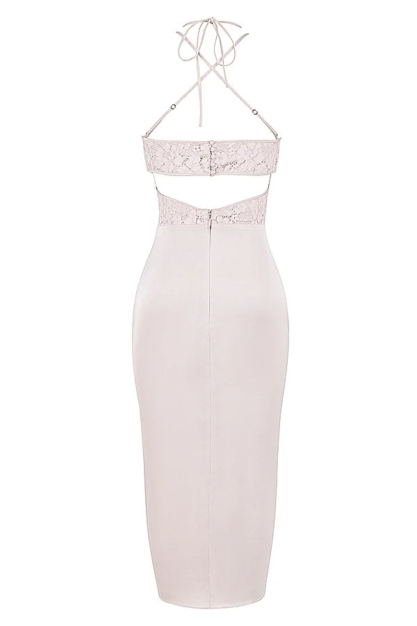 crystal satin and lace midi dress
