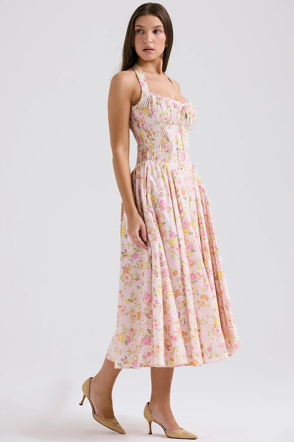 pink meadow print cotton halter midi sundress
