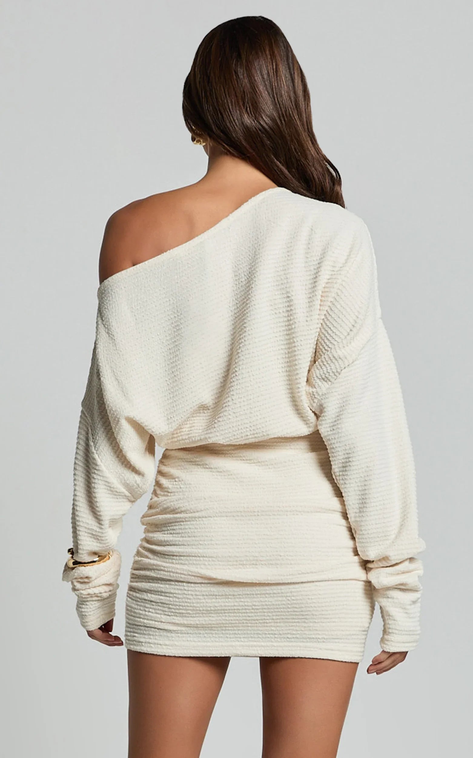 Alyce Mini Dress Long Sleeve One Shoulder Dress in Off White