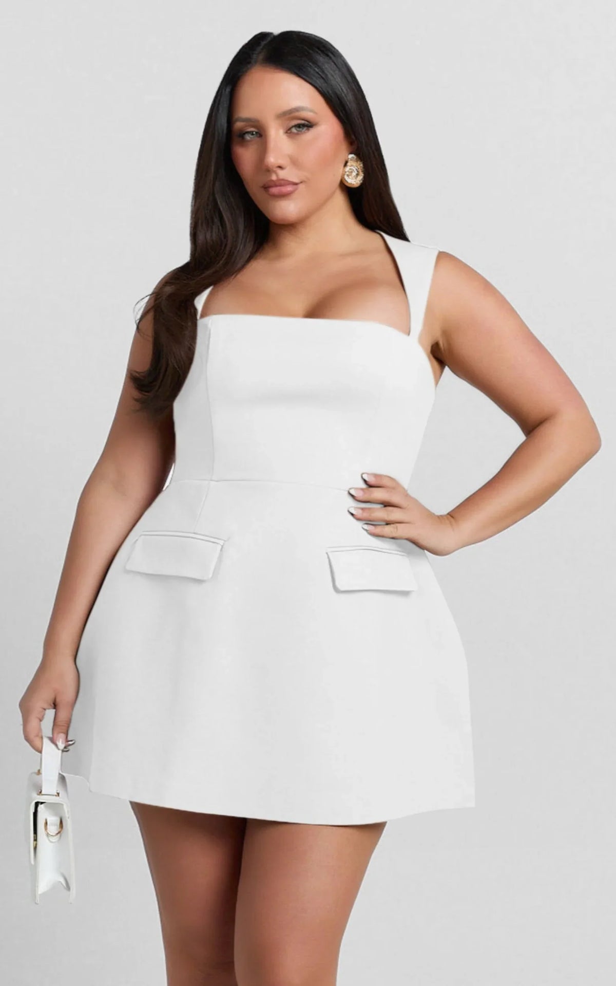 Garrett Mini Dress Square Neck Fit And Flare Dress in White