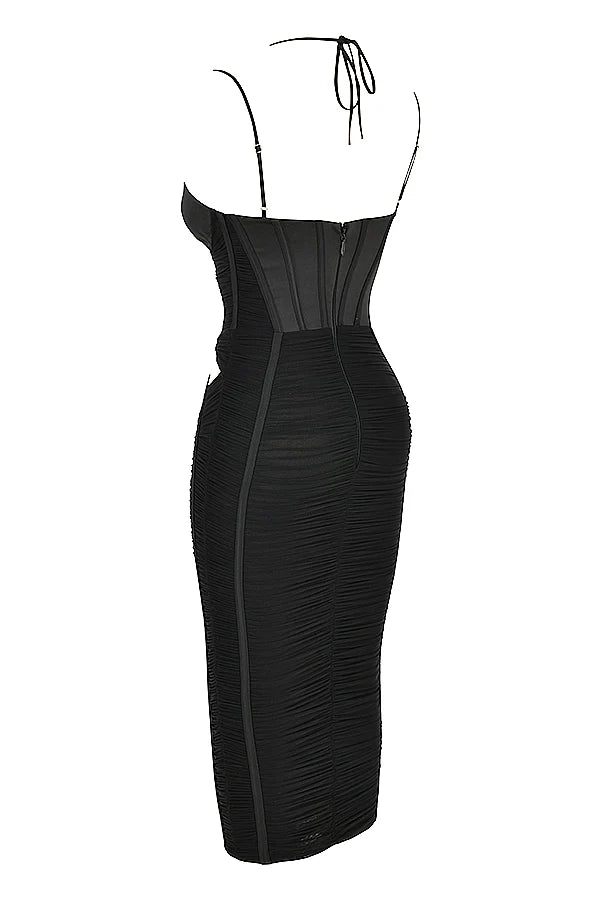 black ruched midi dress