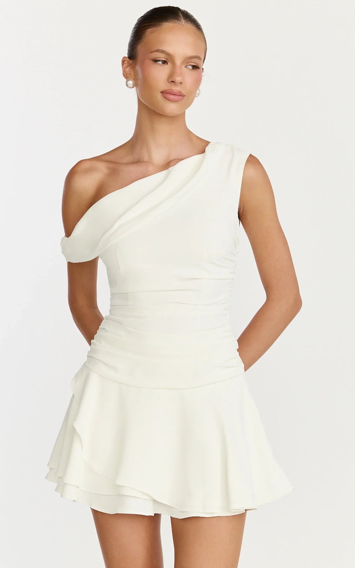 Vega Mini Dress Off Shoulder Drop Waist Dress in White