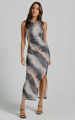 Loralie Midi Dress Mesh High Neck Bodycon Dress in Brown Tie Dye