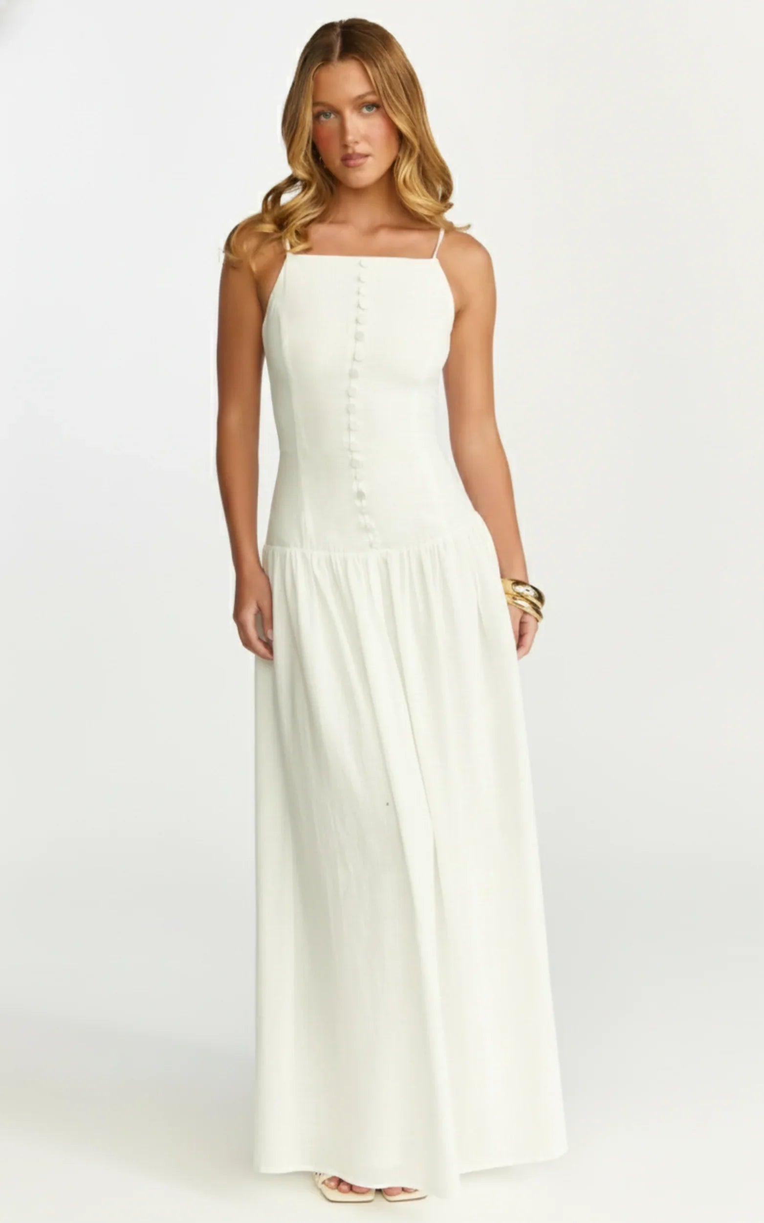 Cortez Maxi Dress Square Neck Button Down Dropped Waist Dress in White