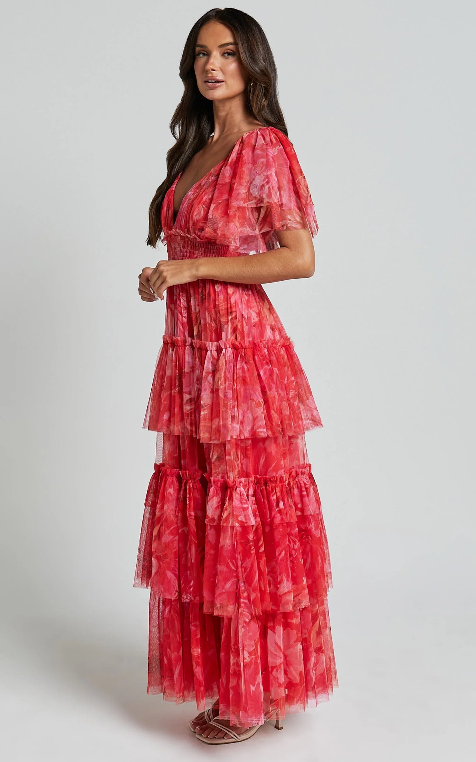 Leianna Midi Dress Tulle Flutter Sleeve Tiered Ruffle Dress in Sunset Floral