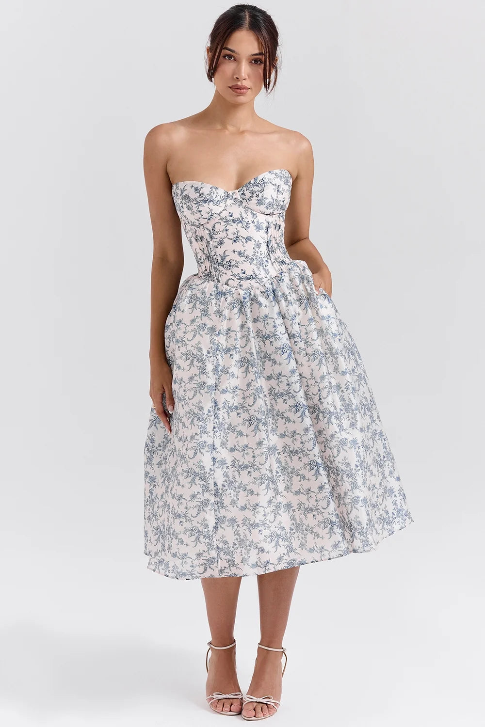english porcelain print strapless sundress