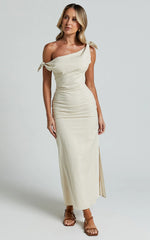 Cincinnati Midi Dress Off The Shoulder Side Split Column Linen Dress in Beige