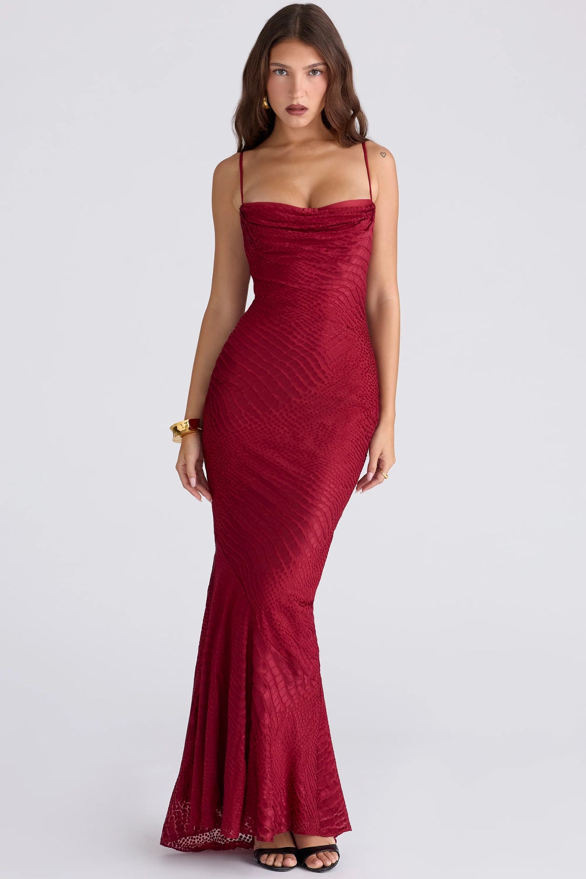 deep red devoré satin maxi gown limited edition