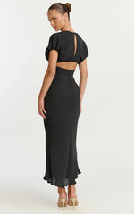 Desiree Midi Dress V Neck Flutter Short Sleeve Slip Dress in Black