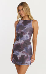Nica Mini Dress Mesh Boat Neck Dress in Blue Blur