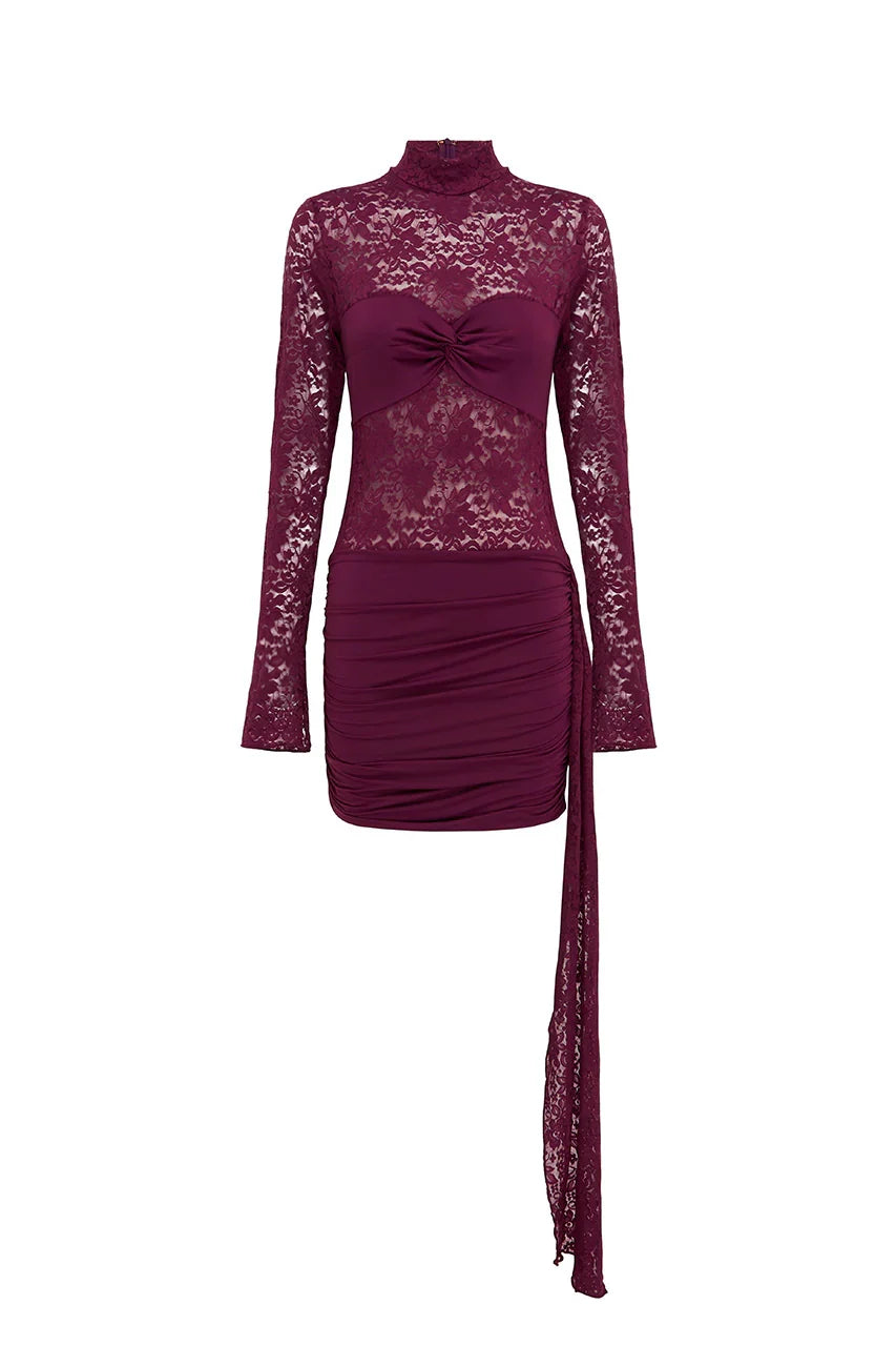 LARNA LACE SLEEVED MINI DRESS WINE