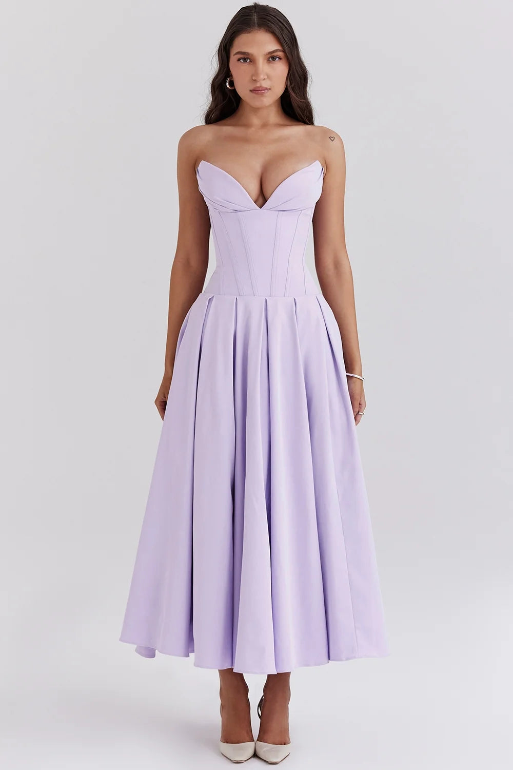 orchid twill strapless tulle midi dress