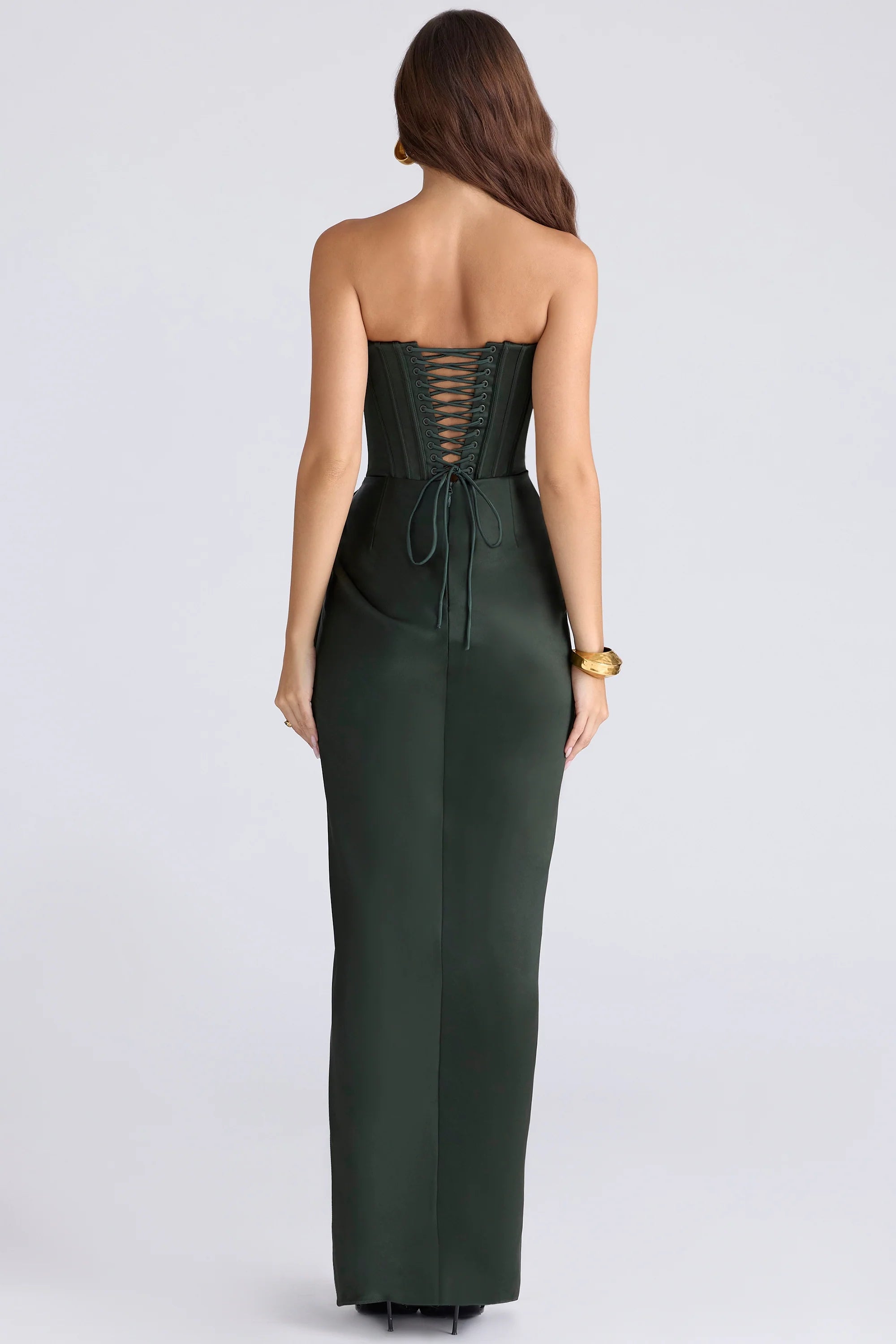 emerald satin strapless maxi dress